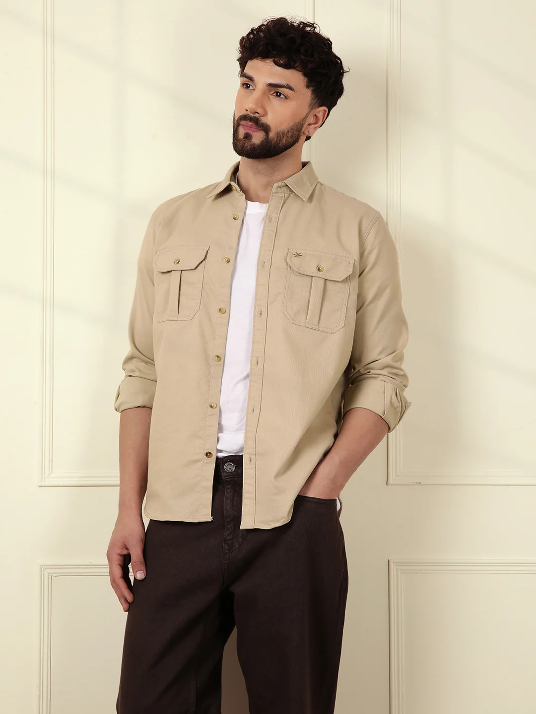 Fine Corduroy Slim Fit Shirt | Beige - Image 2