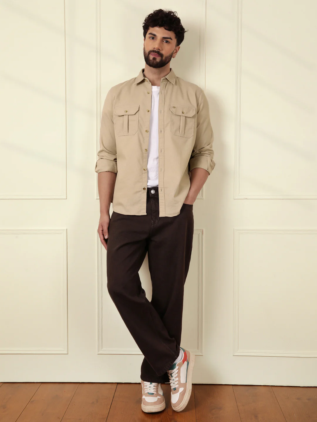Fine Corduroy Slim Fit Shirt | Beige - Image 3