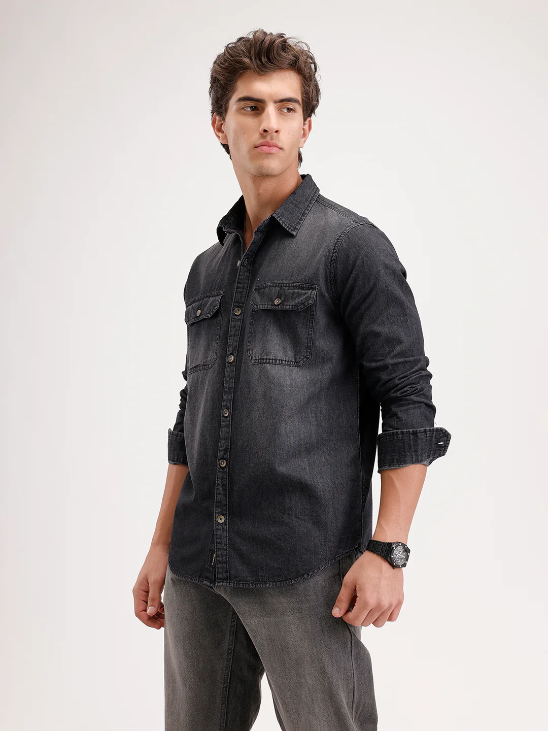 Slim Fit Faded Denim Shirt  | Black - Image 4