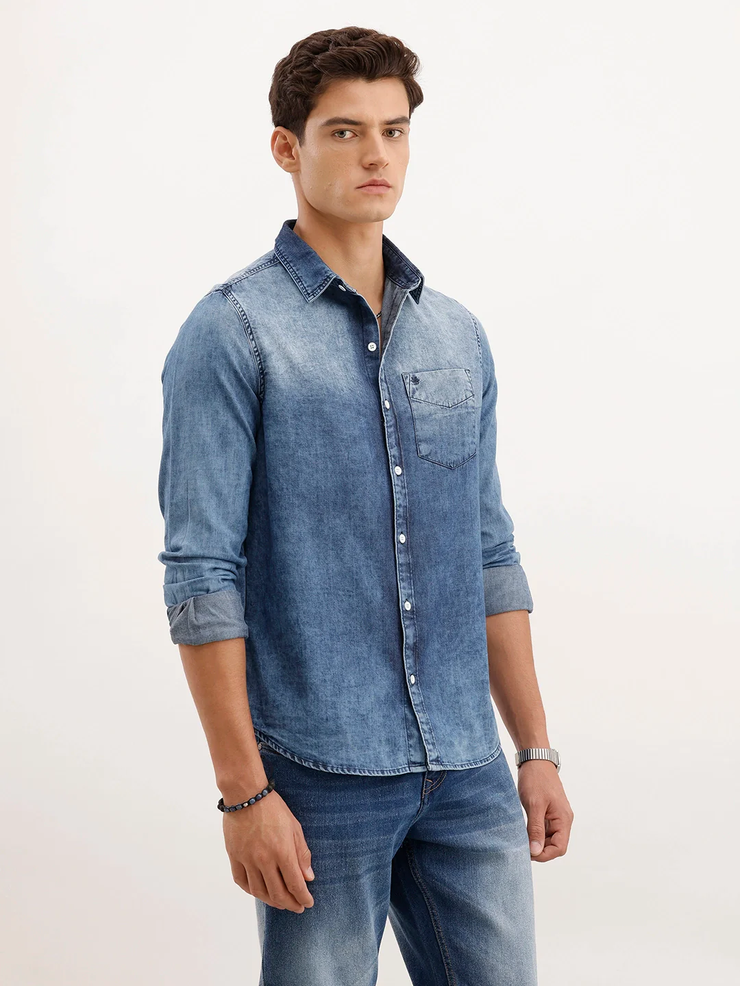 Slim Fit Faded Denim Shirt | Light Blue - Image 4