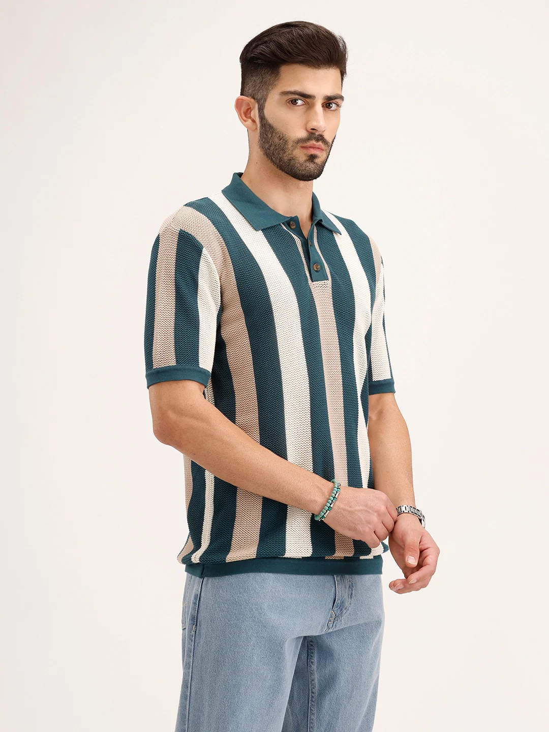 Slim Fit Flat Knit Polo T-Shirt | Teal - Image 4