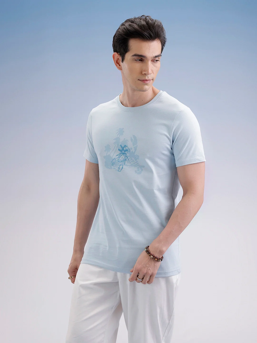 Slim Fit Flock Printed T-Shirt  | Light Blue - Image 4