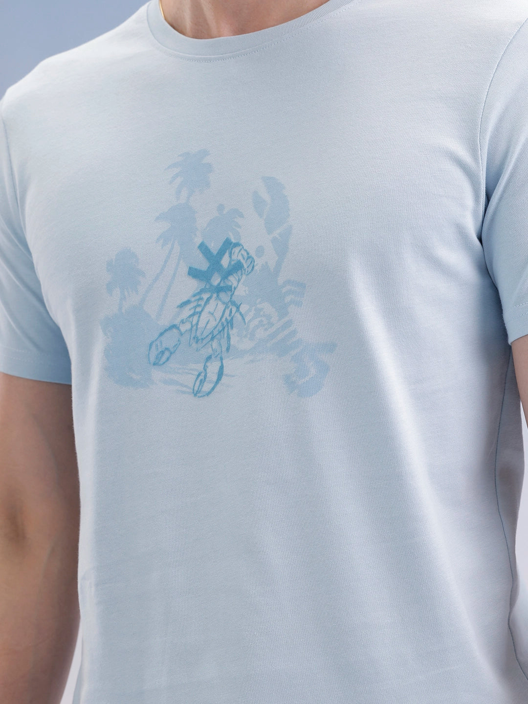 Slim Fit Flock Printed T-Shirt  | Light Blue - Image 5