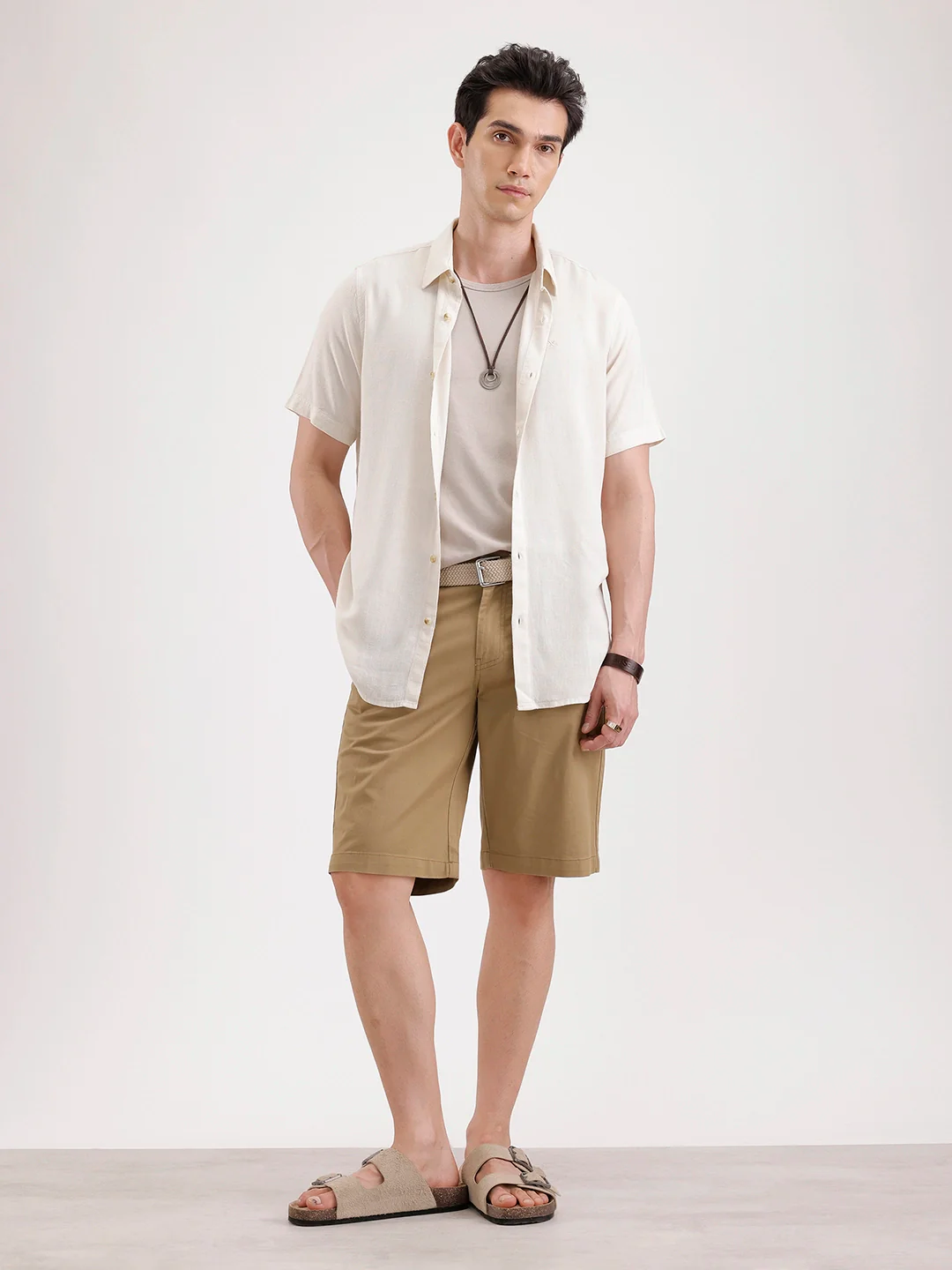 Slim Fit Half Sleeve Linen Blend Shirt  | Beige - Image 2