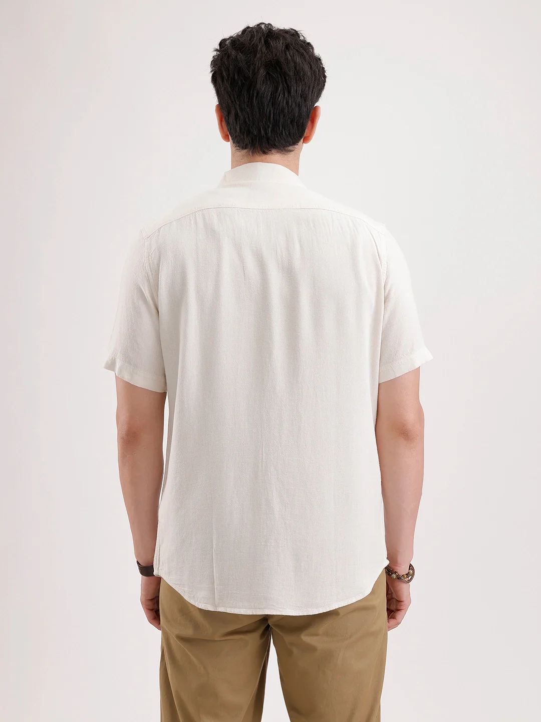 Slim Fit Half Sleeve Linen Blend Shirt  | Beige - Image 3