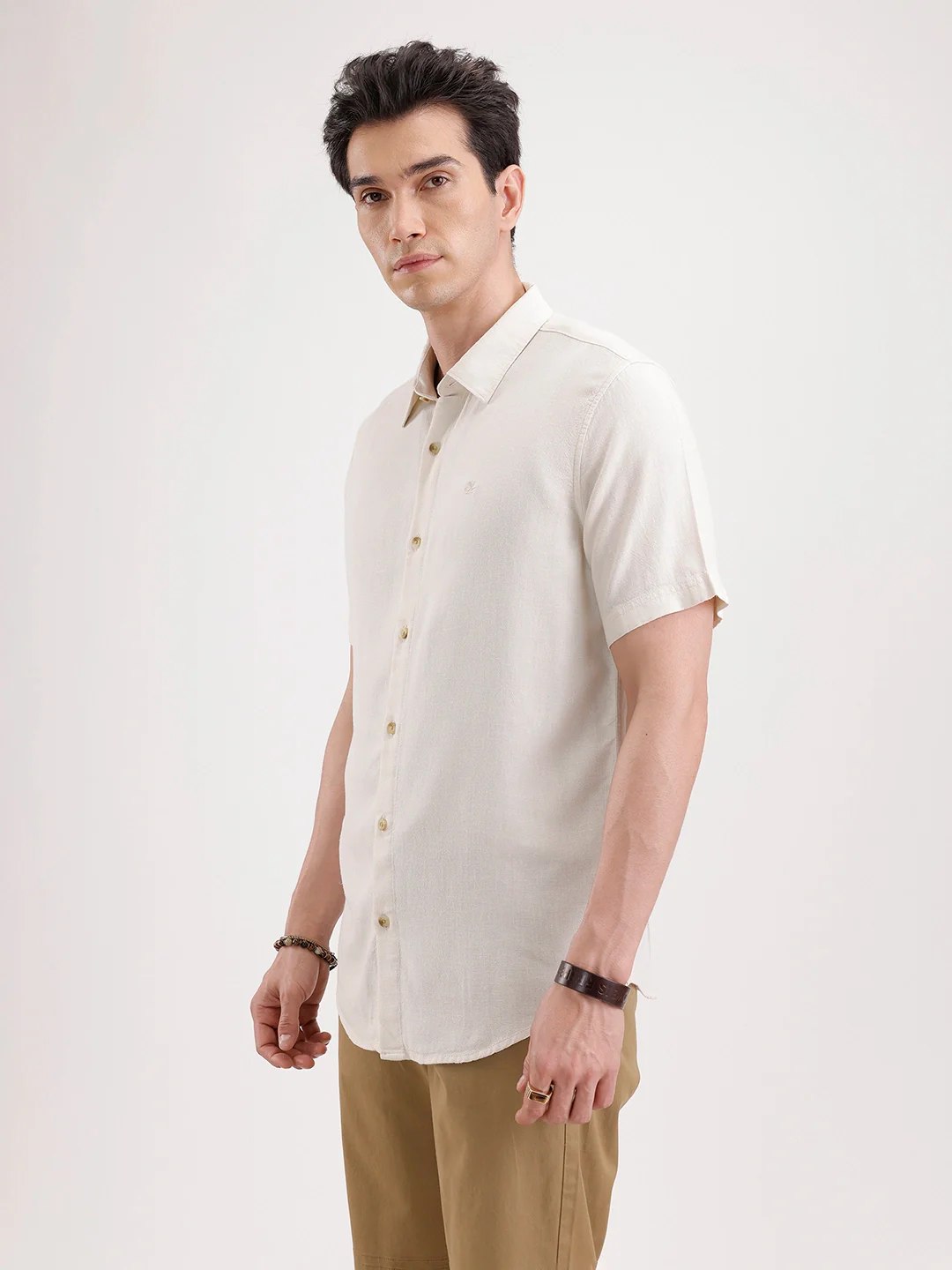 Slim Fit Half Sleeve Linen Blend Shirt  | Beige - Image 4