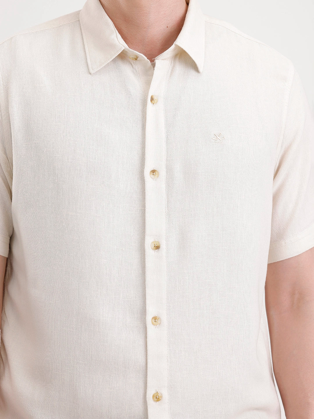Slim Fit Half Sleeve Linen Blend Shirt  | Beige - Image 5