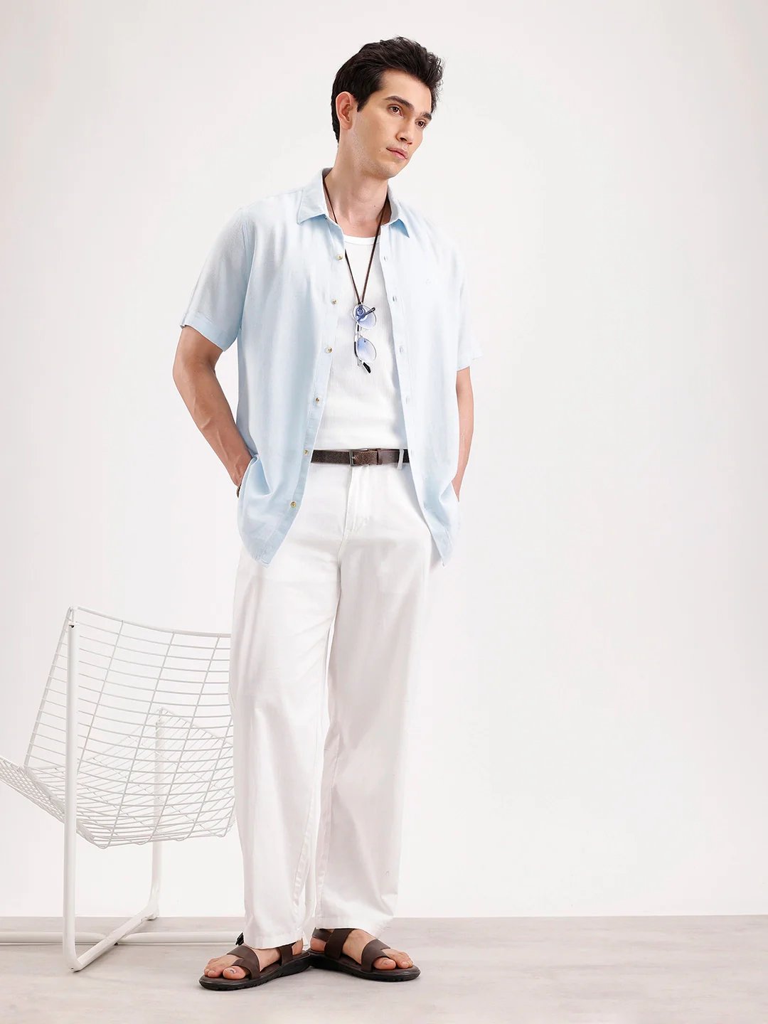 Slim Fit Half Sleeve Linen Blend Shirt  | Light Blue - Image 2