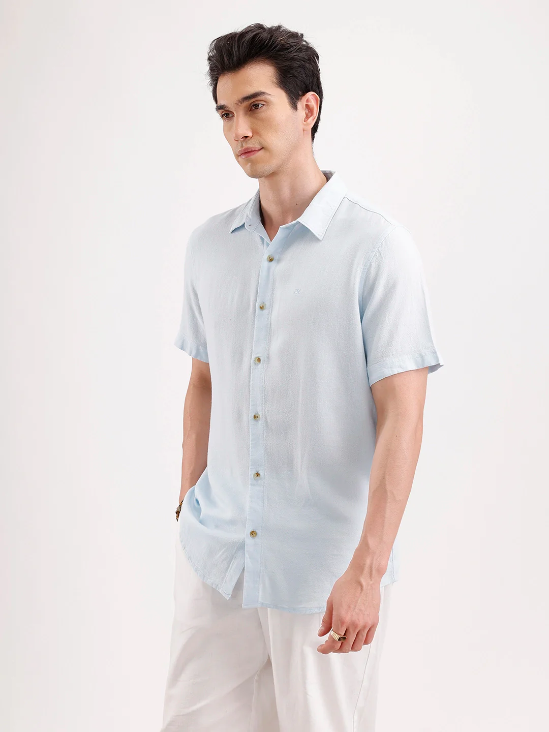 Slim Fit Half Sleeve Linen Blend Shirt  | Light Blue - Image 4