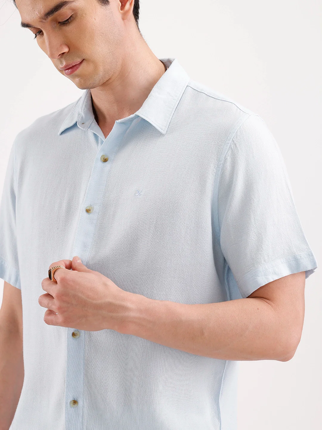 Slim Fit Half Sleeve Linen Blend Shirt  | Light Blue - Image 5