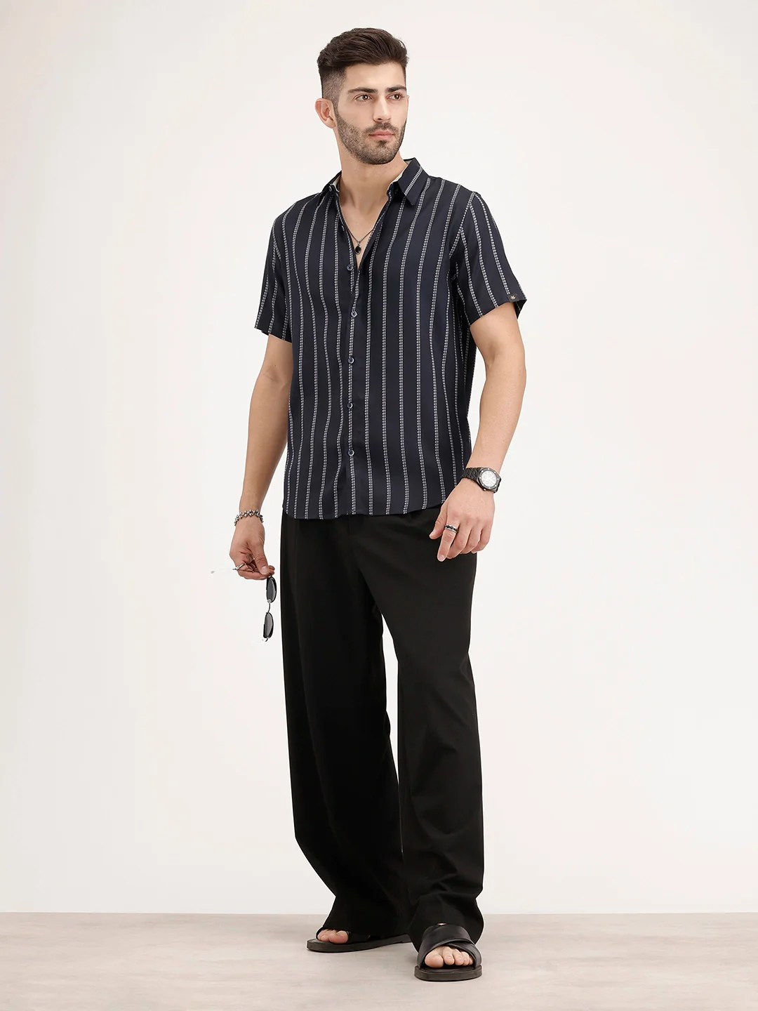 Slim Fit Half Sleeve Striped Shirt | Navy Blue - Image 2