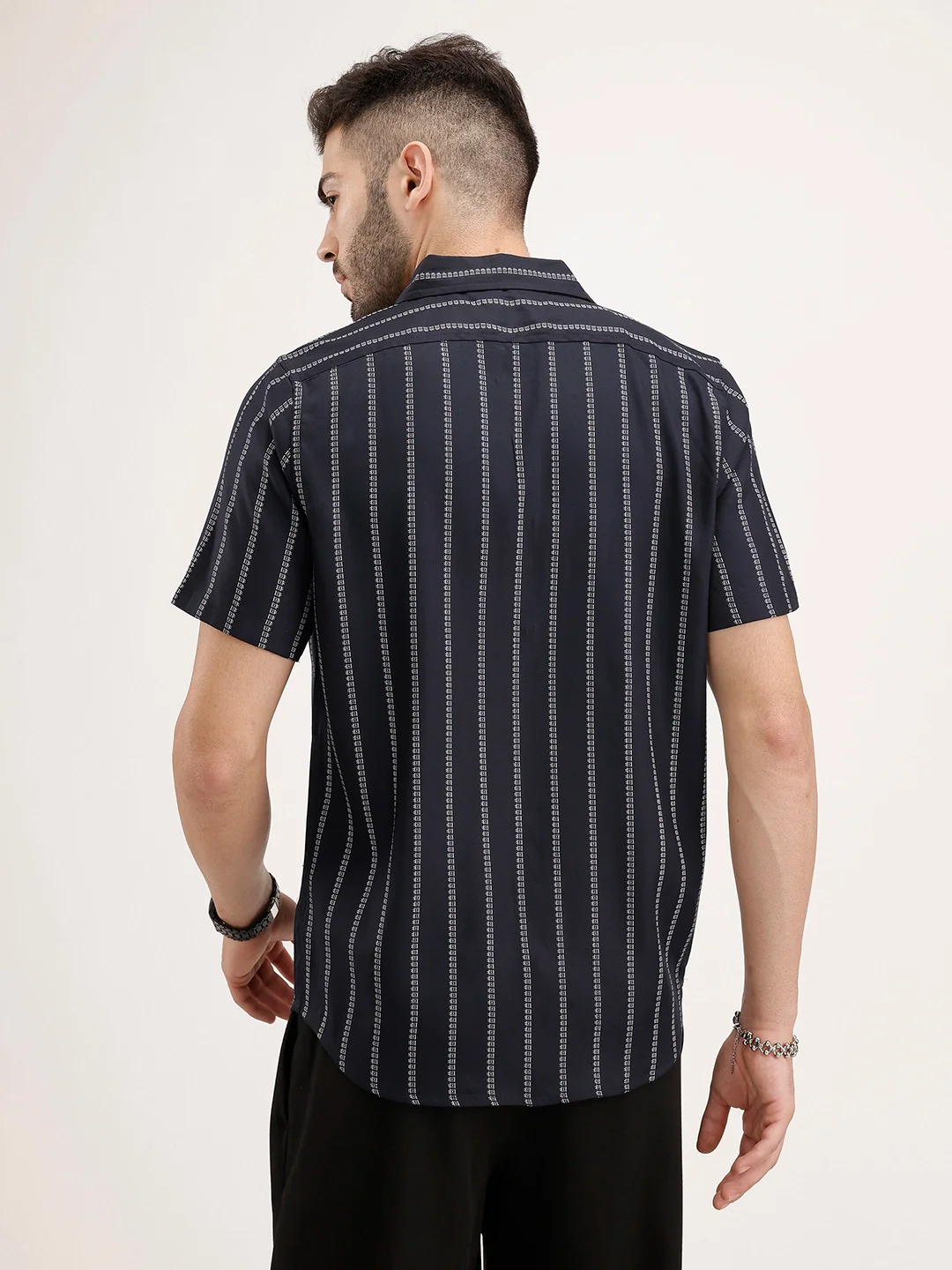 Slim Fit Half Sleeve Striped Shirt | Navy Blue - Image 3