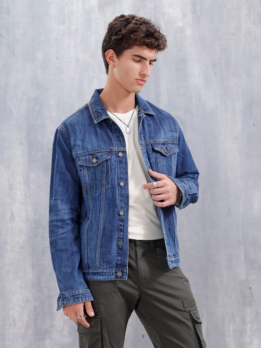 Slim Fit Laser Printed Denim Trucker | Dark Wash - Image 4