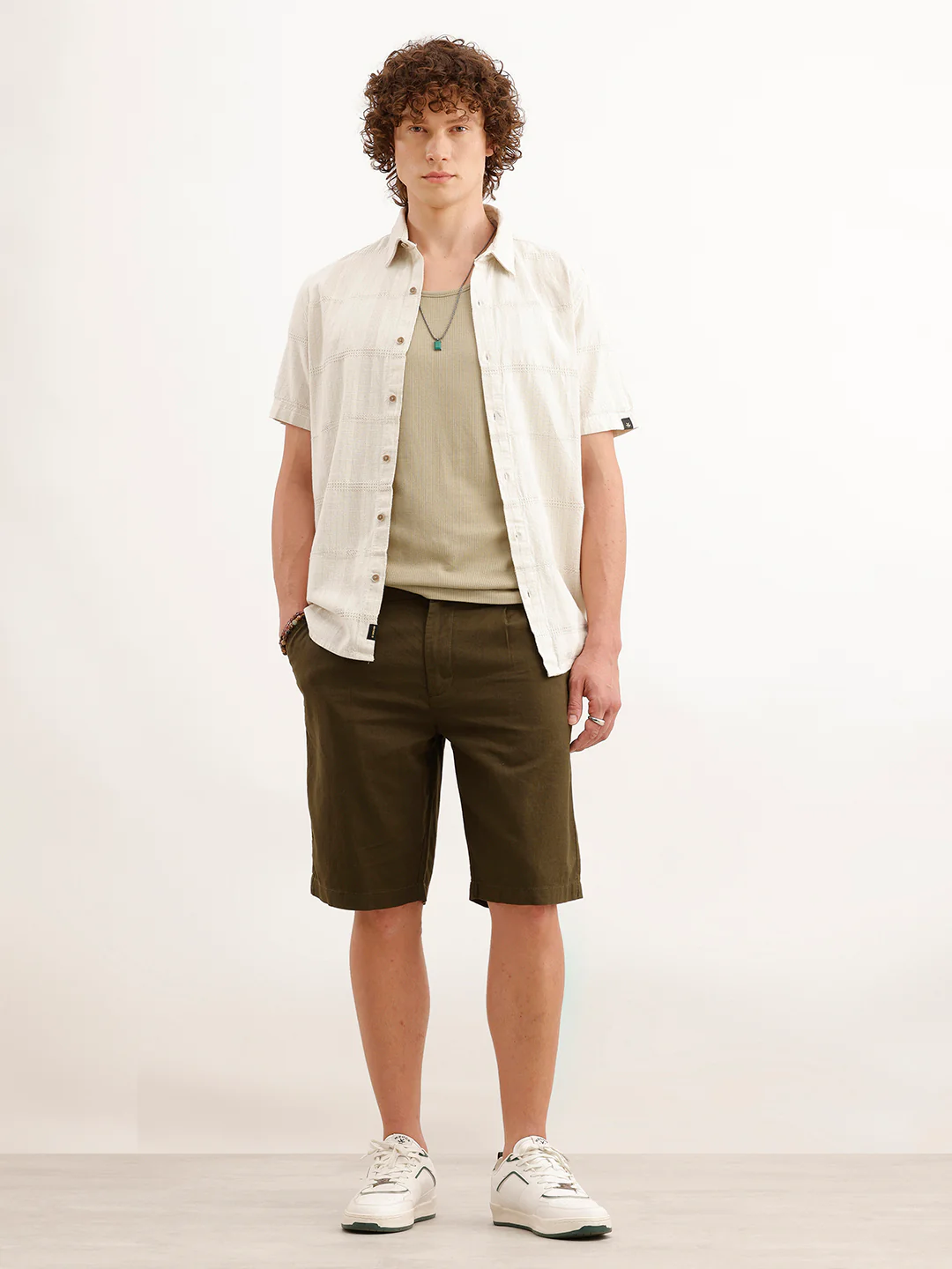 Slim Fit Linen Blend Shorts  | Olive - Image 2