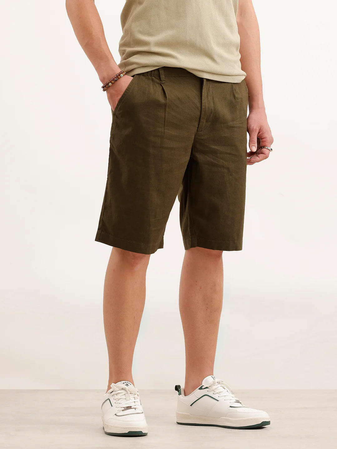 Slim Fit Linen Blend Shorts  | Olive - Image 4
