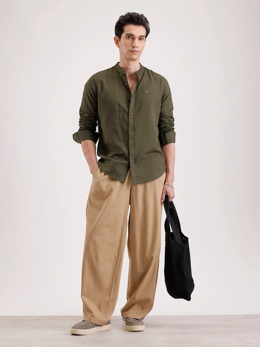 Slim Fit Mandrin Collar Linen Blend Shirt  | Olive - Image 2