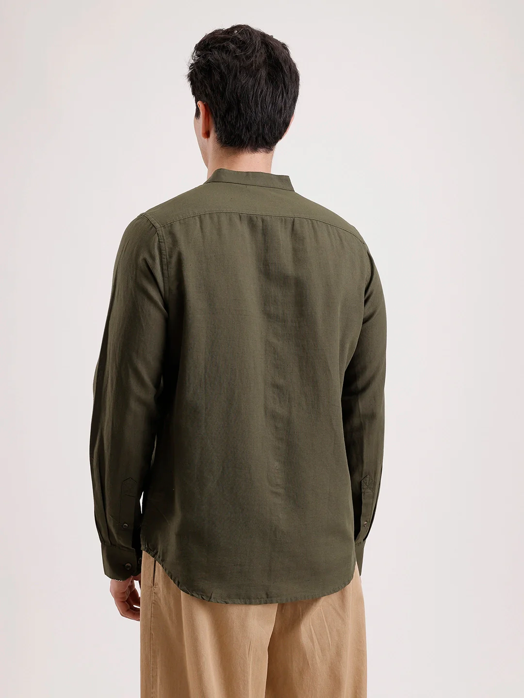 Slim Fit Mandrin Collar Linen Blend Shirt  | Olive - Image 3