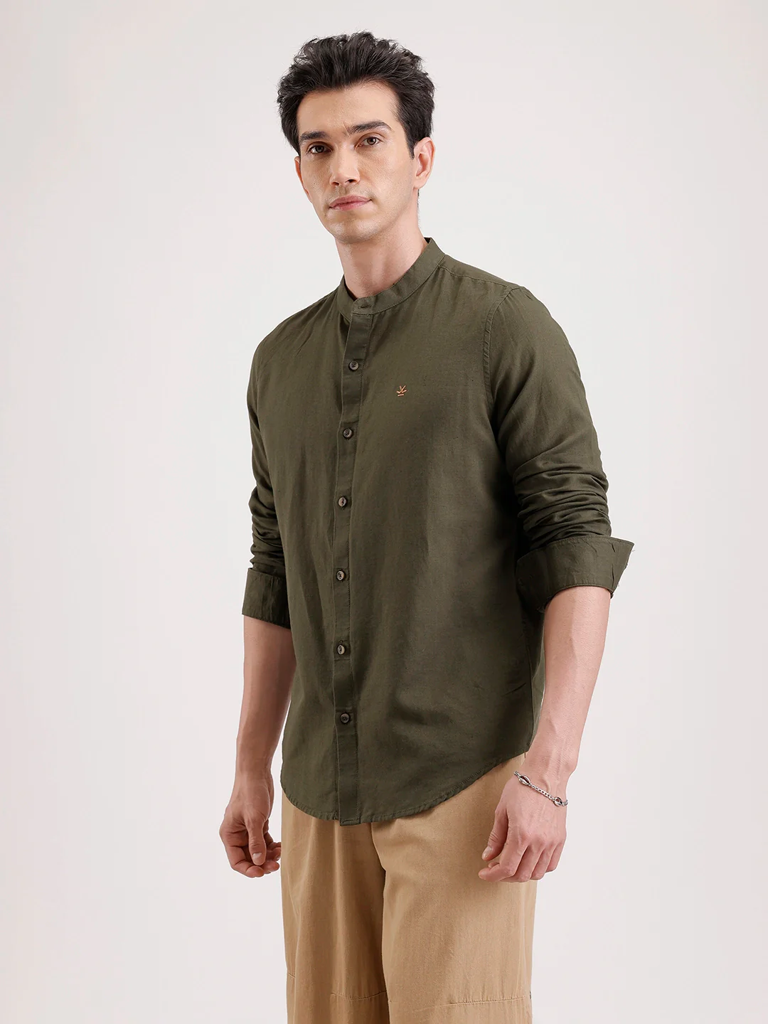 Slim Fit Mandrin Collar Linen Blend Shirt  | Olive - Image 4