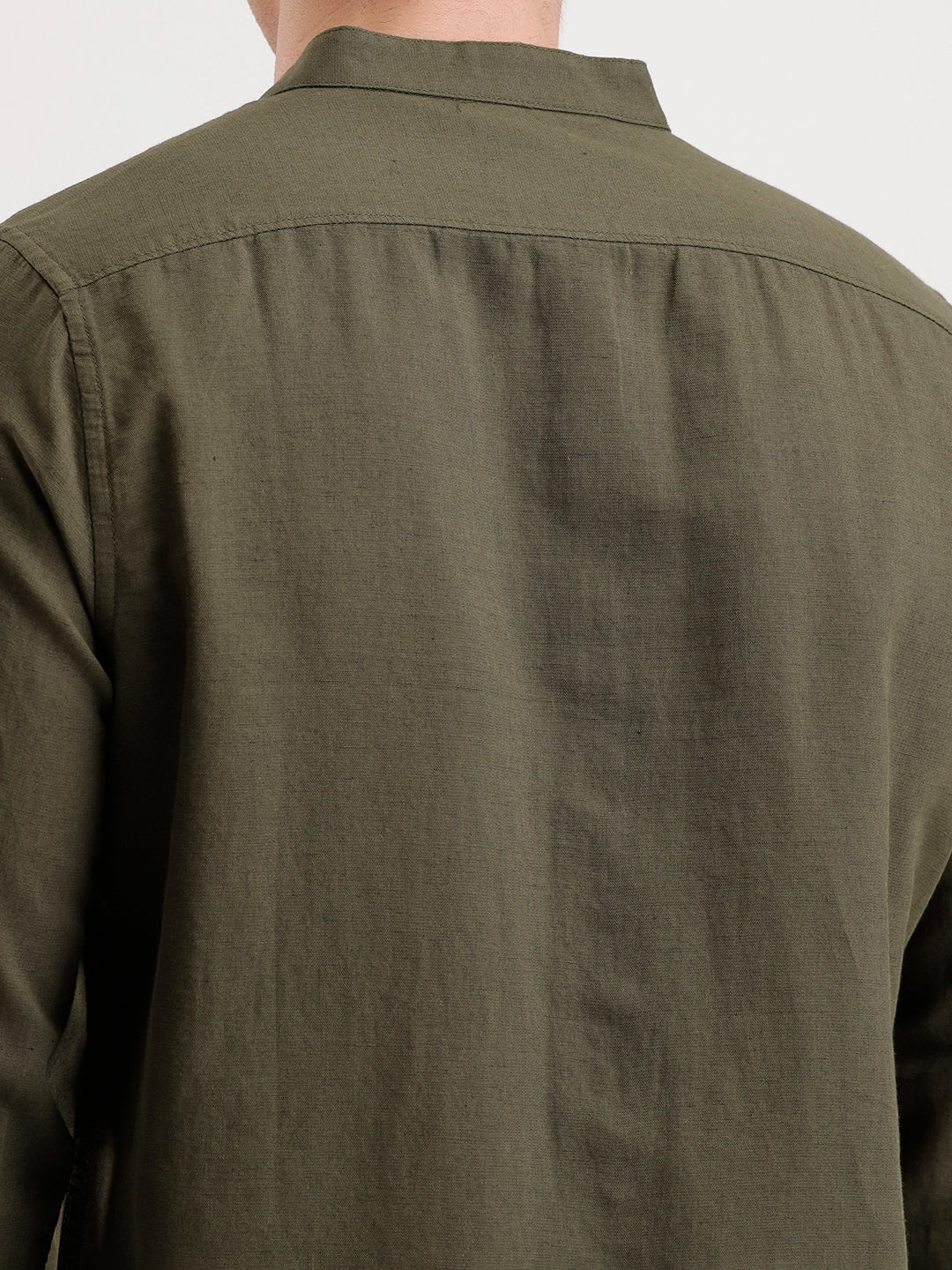 Slim Fit Mandrin Collar Linen Blend Shirt  | Olive - Image 5