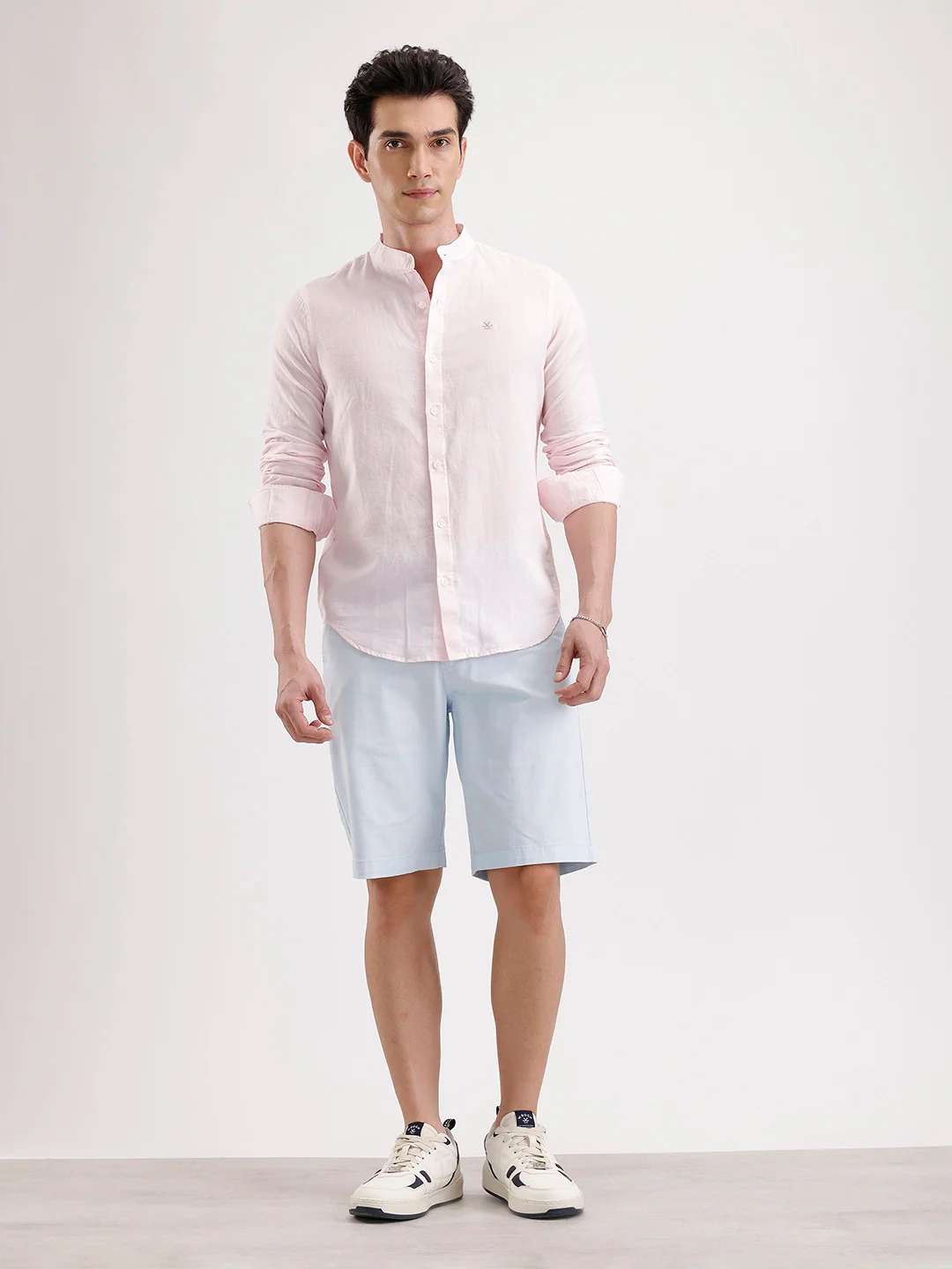 Slim Fit Mandrin Collar Linen Blend Shirt | Pink - Image 2