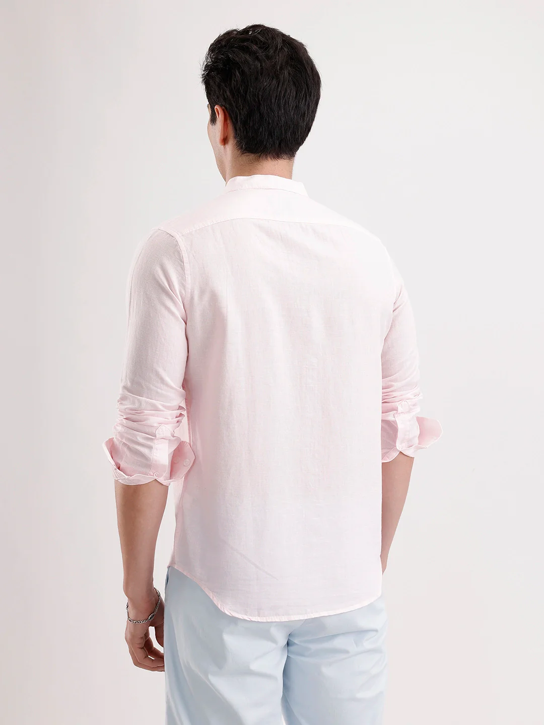 Slim Fit Mandrin Collar Linen Blend Shirt | Pink - Image 3