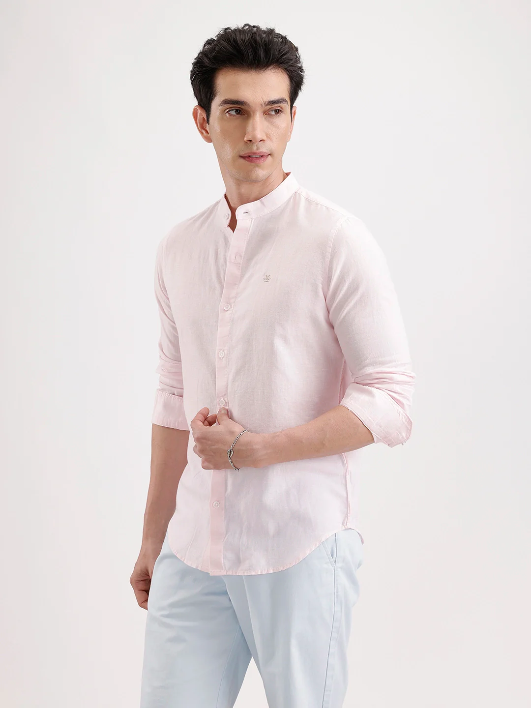 Slim Fit Mandrin Collar Linen Blend Shirt | Pink - Image 4
