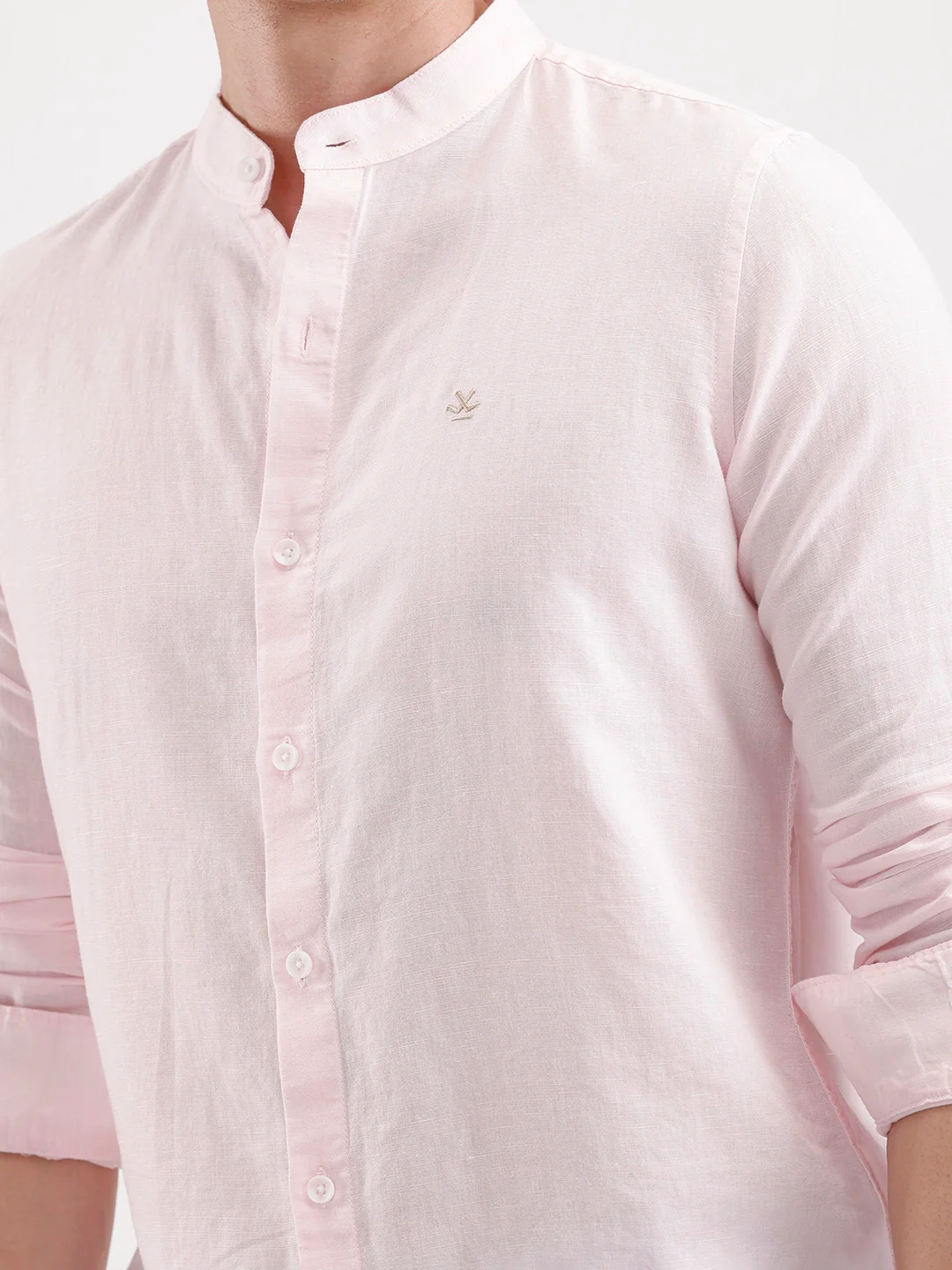 Slim Fit Mandrin Collar Linen Blend Shirt | Pink - Image 5