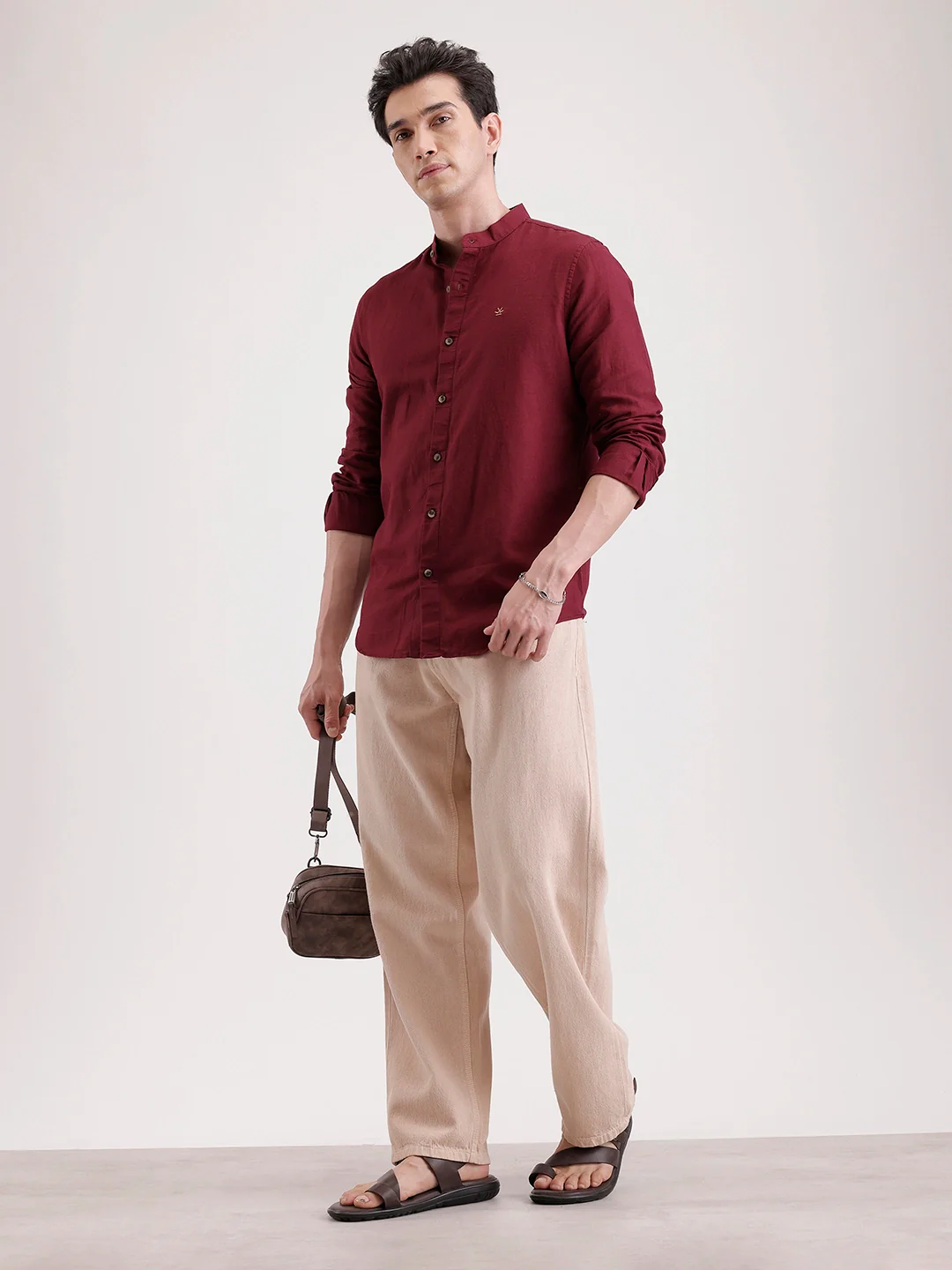 Slim Fit Mandrin Collar Linen Blend Shirt  | Wine - Image 2