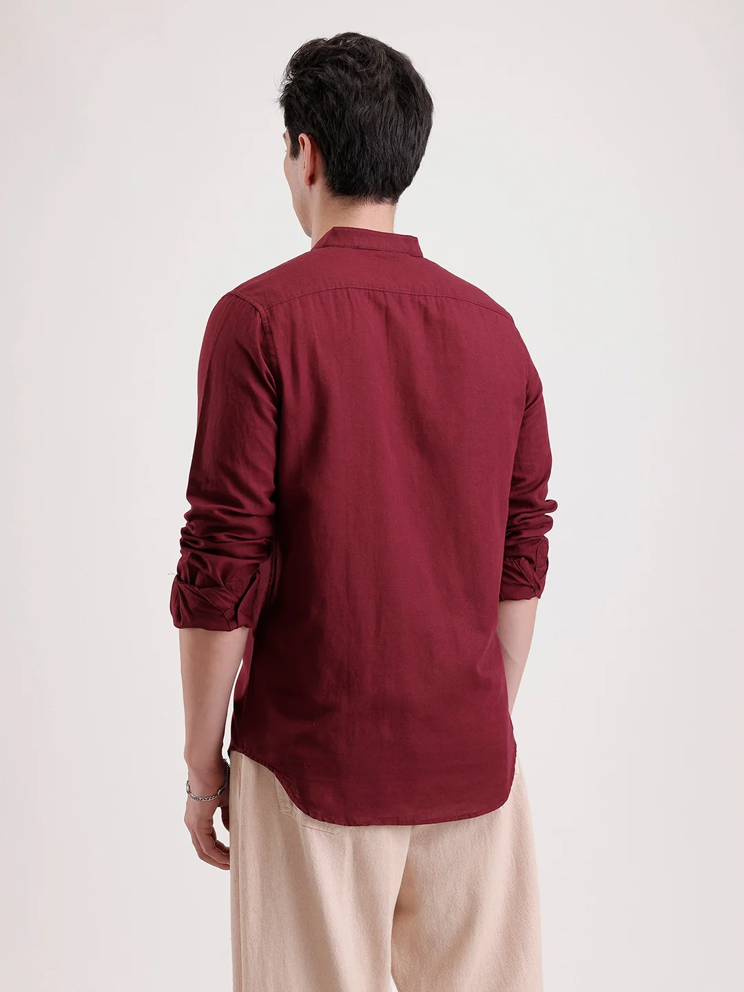 Slim Fit Mandrin Collar Linen Blend Shirt  | Wine - Image 3