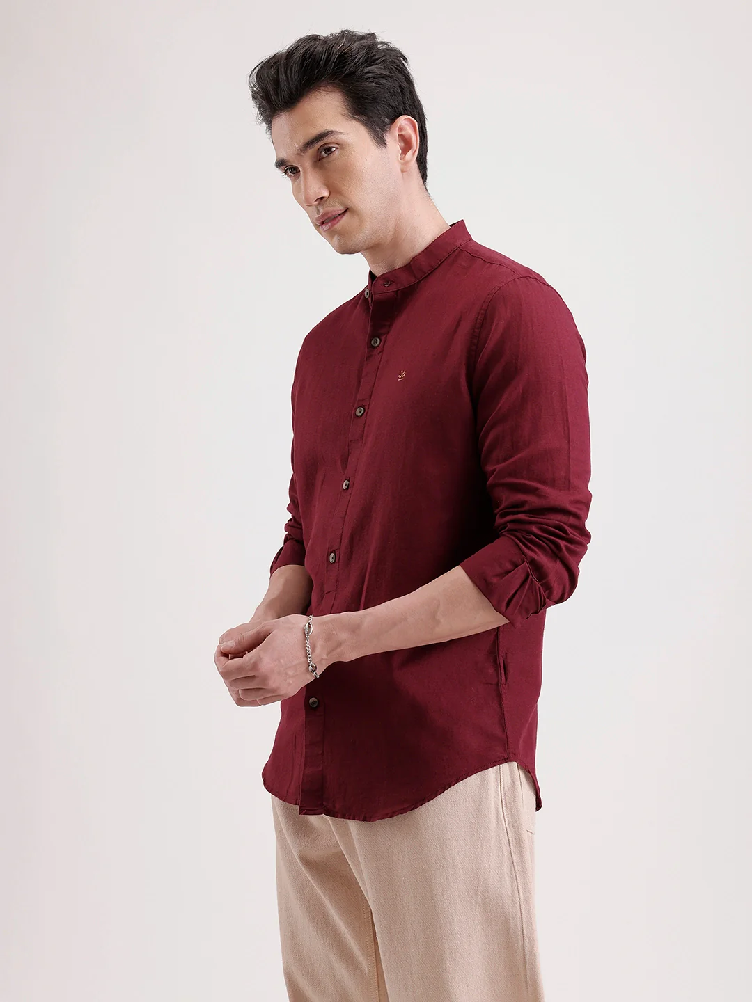 Slim Fit Mandrin Collar Linen Blend Shirt  | Wine - Image 4
