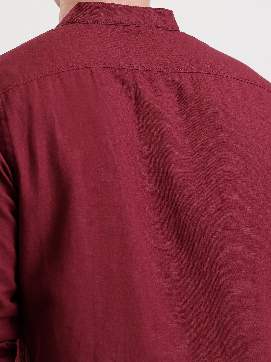 Slim Fit Mandrin Collar Linen Blend Shirt  | Wine - Image 5