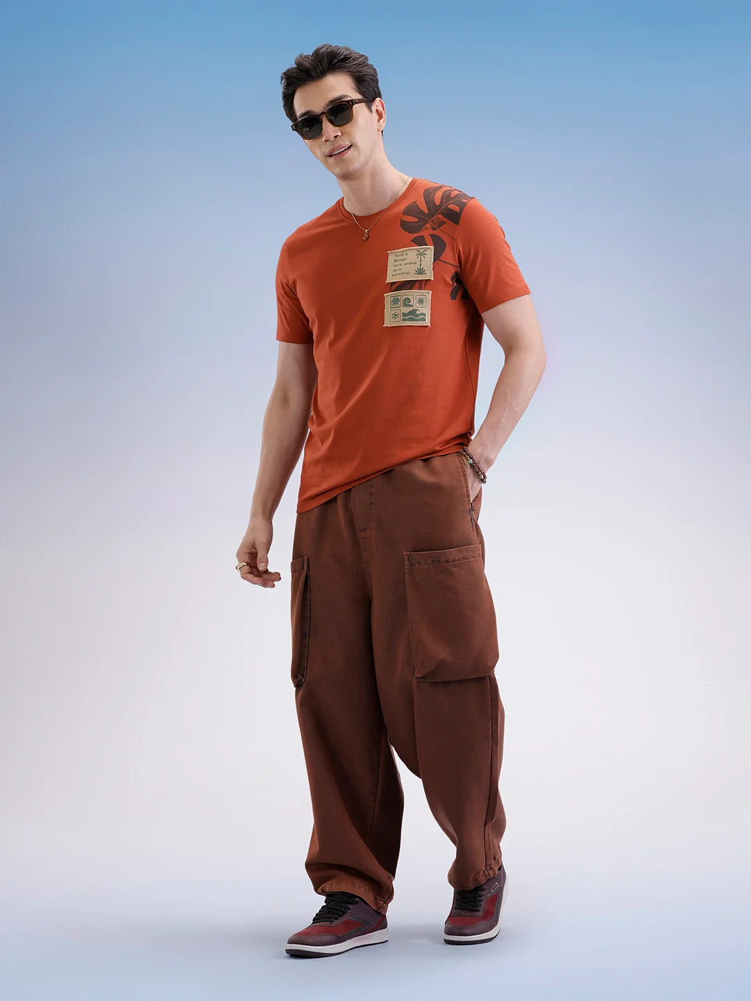 Slim Fit Placement Patch Printed T-Shirt  | Rust - Image 2