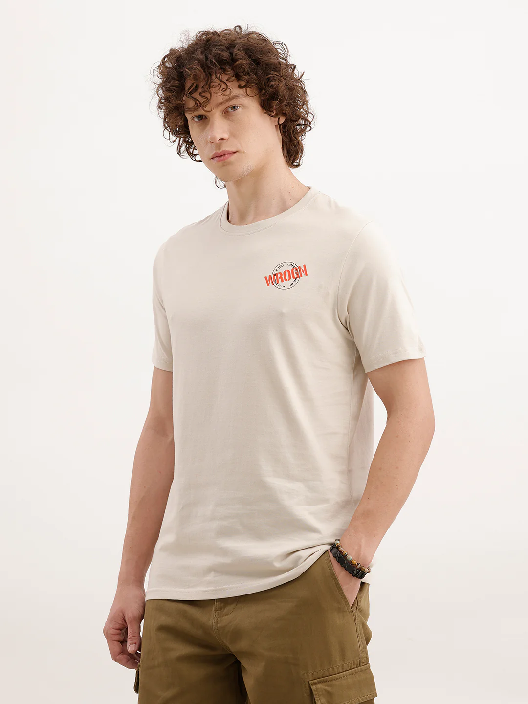 Slim Fit Placement Printed T-Shirt  | Beige - Image 4