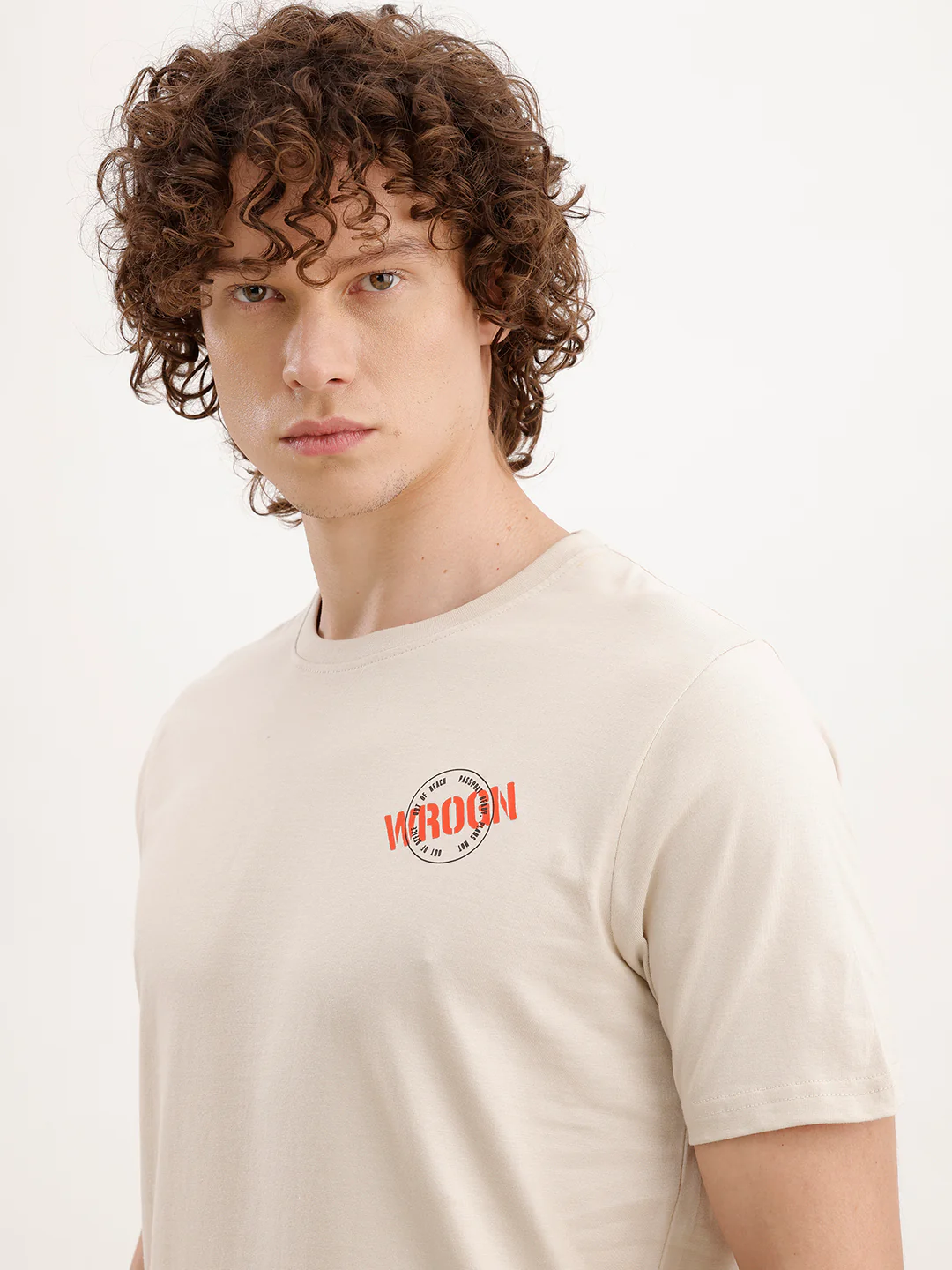 Slim Fit Placement Printed T-Shirt  | Beige - Image 5