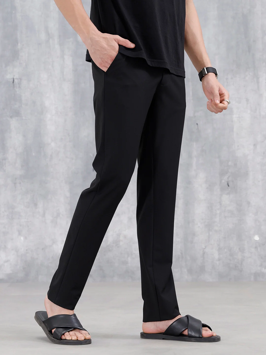 Slim Fit Poly Viscose Lycra Trousers | Black - Image 4