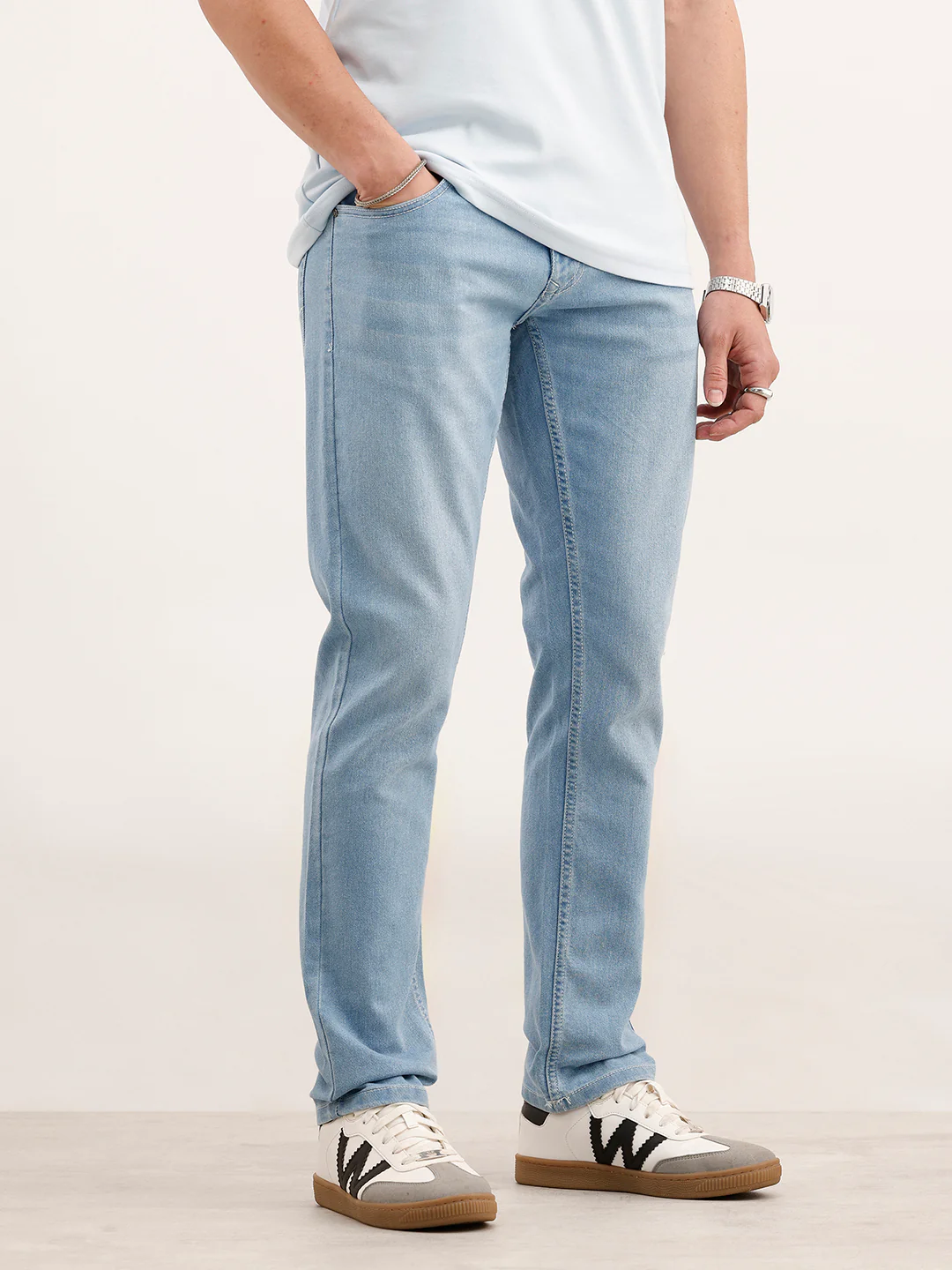 Slim Fit Solid Denim Jeans  | Light Blue - Image 4