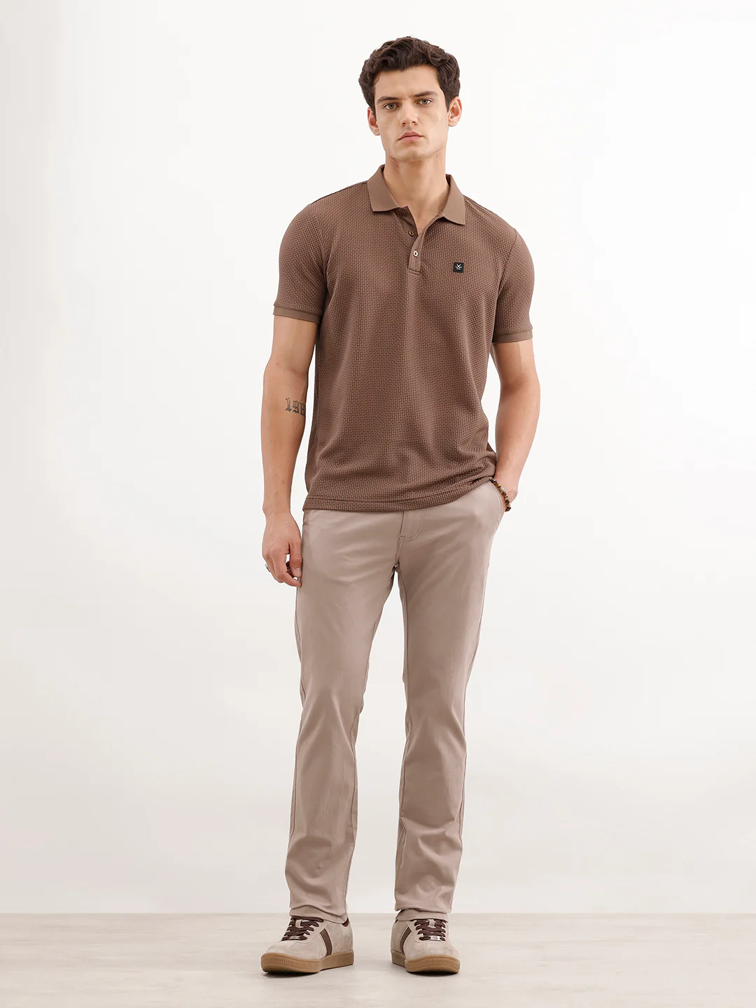 Slim Fit Solid Textured Polo T-Shirt  | Brown - Image 2