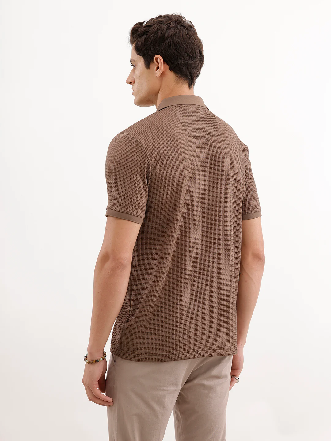 Slim Fit Solid Textured Polo T-Shirt  | Brown - Image 3