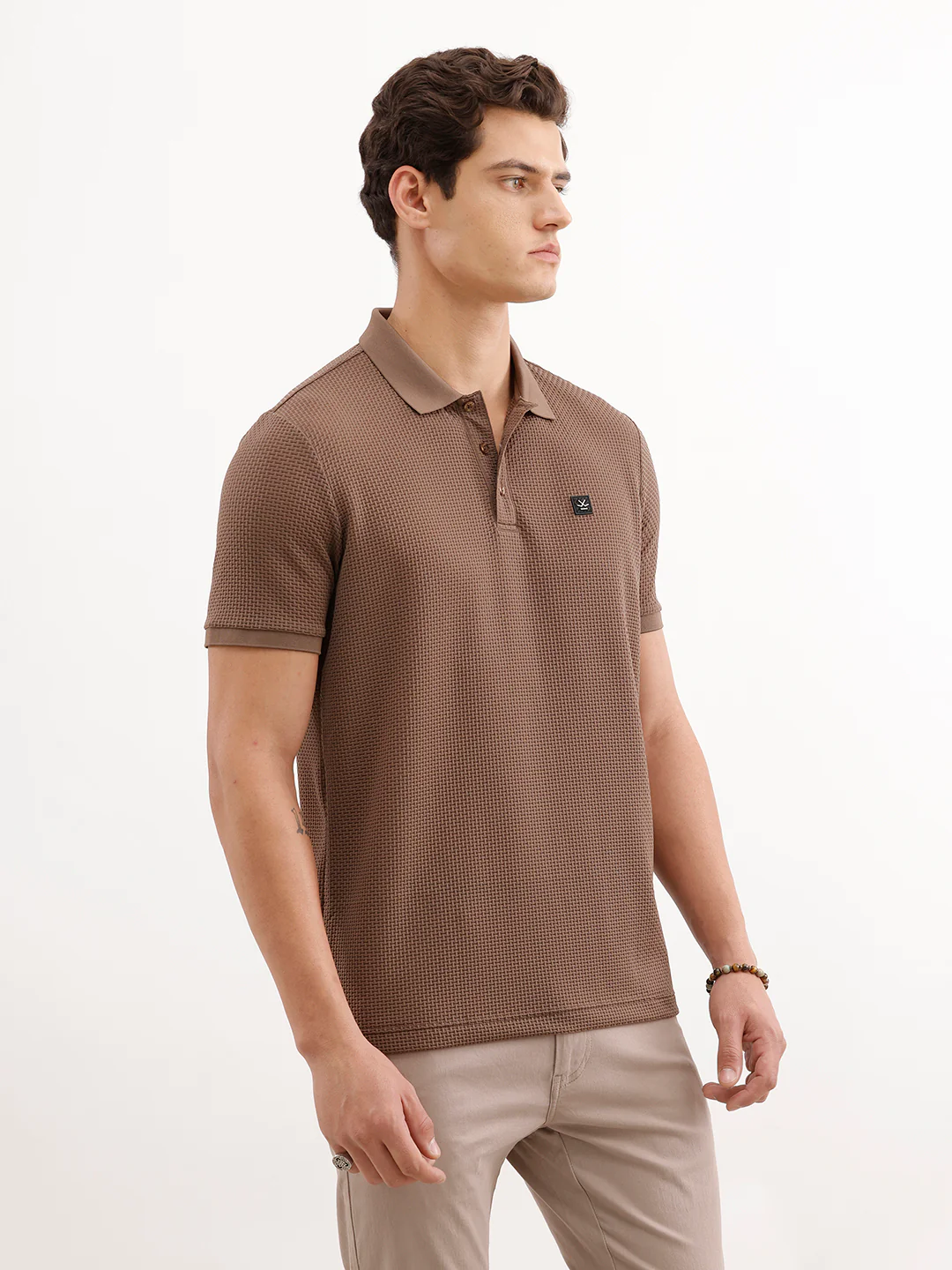 Slim Fit Solid Textured Polo T-Shirt  | Brown - Image 4