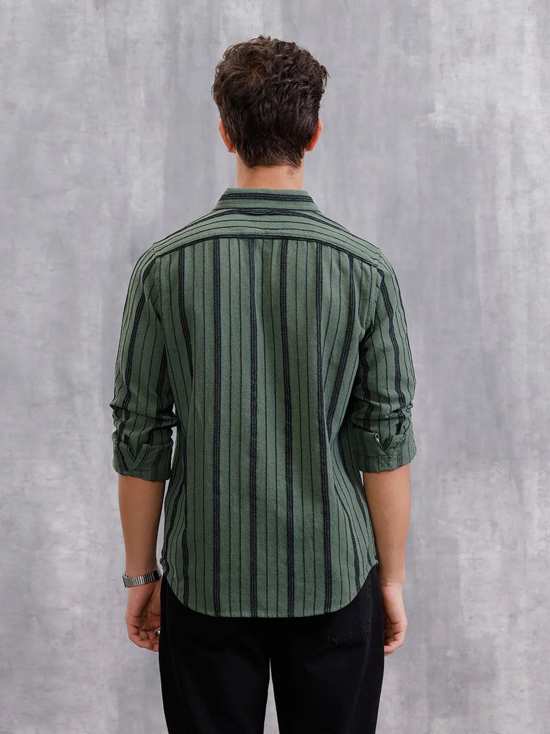 Slim Fit Stripe Shirt In Chenille Yarn | Olive - Image 3