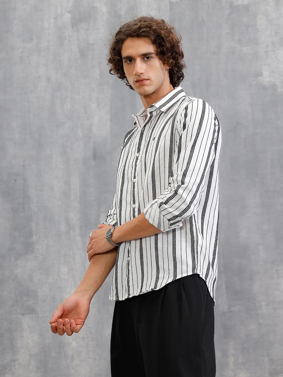 Slim Fit Stripe Shirt In Chenille Yarn | White - Image 5