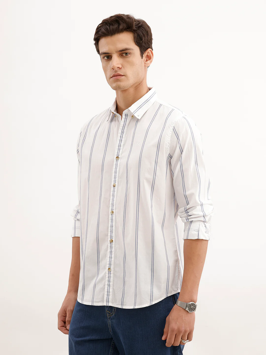 Slim Fit Striped 100% Cotton Shirt  | White - Image 4