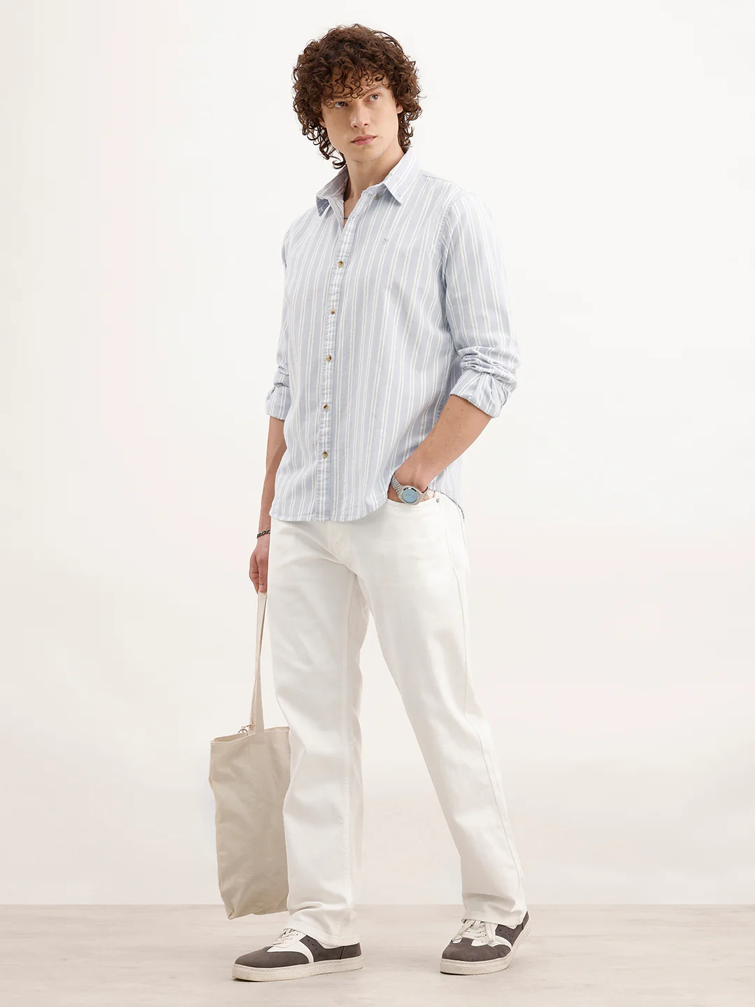 Slim Fit Striped Cotton Shirt  | Light Blue - Image 2
