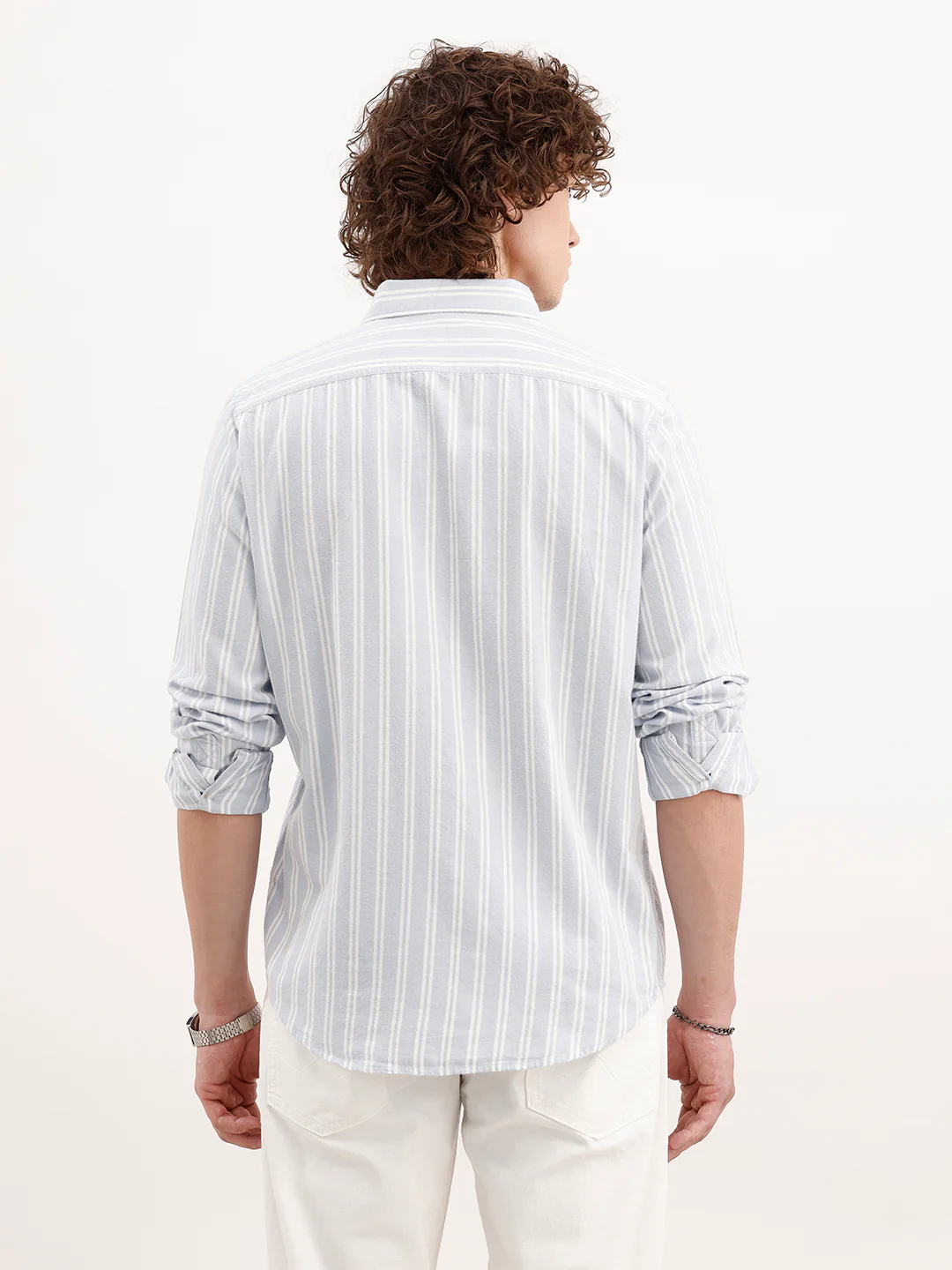 Slim Fit Striped Cotton Shirt  | Light Blue - Image 3
