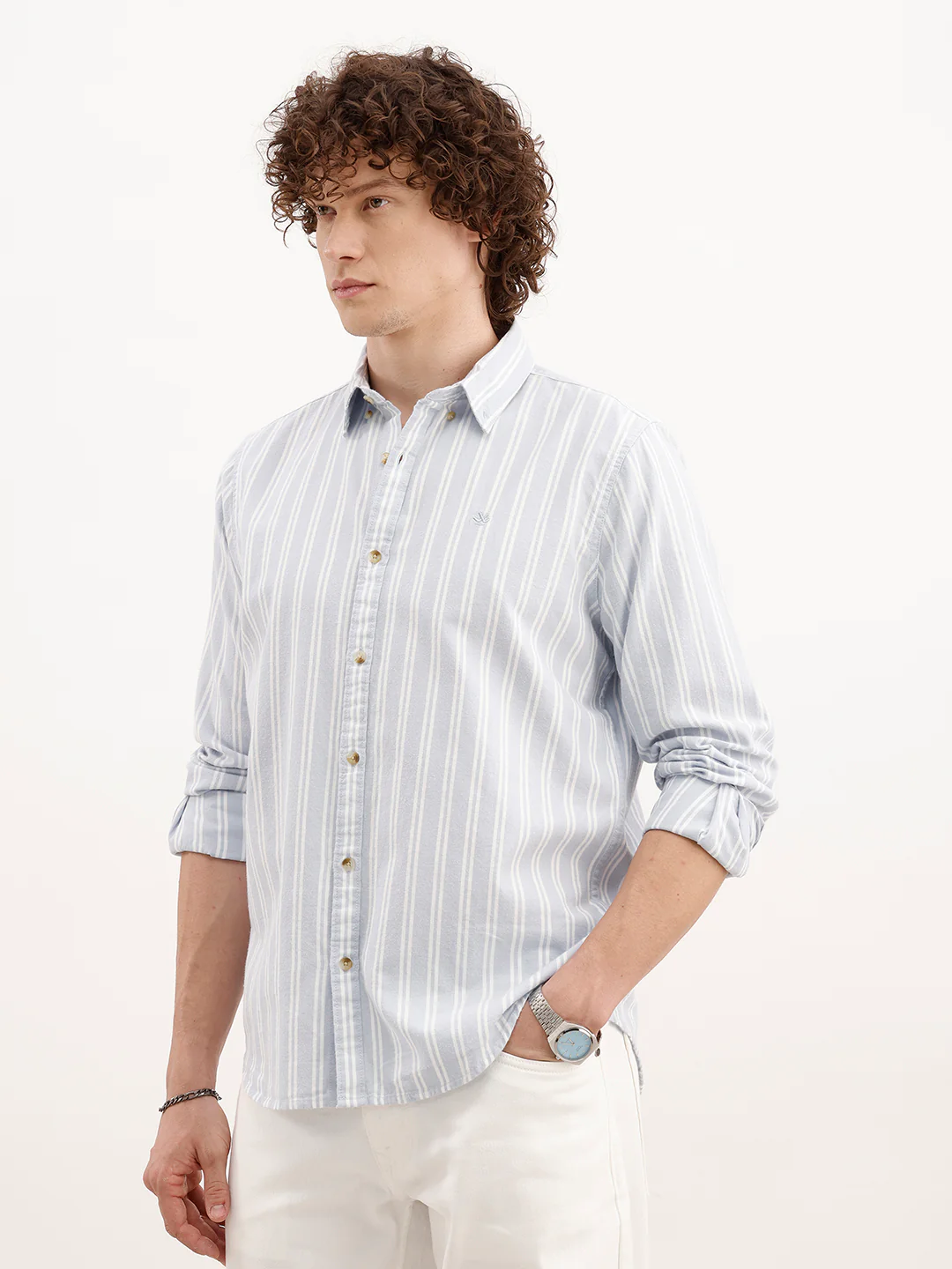 Slim Fit Striped Cotton Shirt  | Light Blue - Image 4