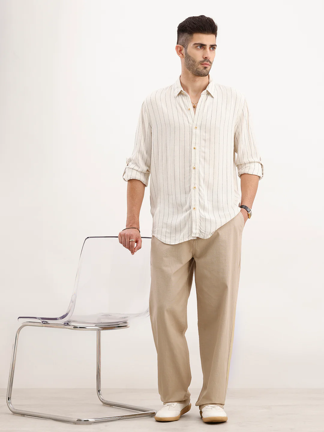 Slim Fit Striped Full Sleeved Shirt | Beige - Image 2