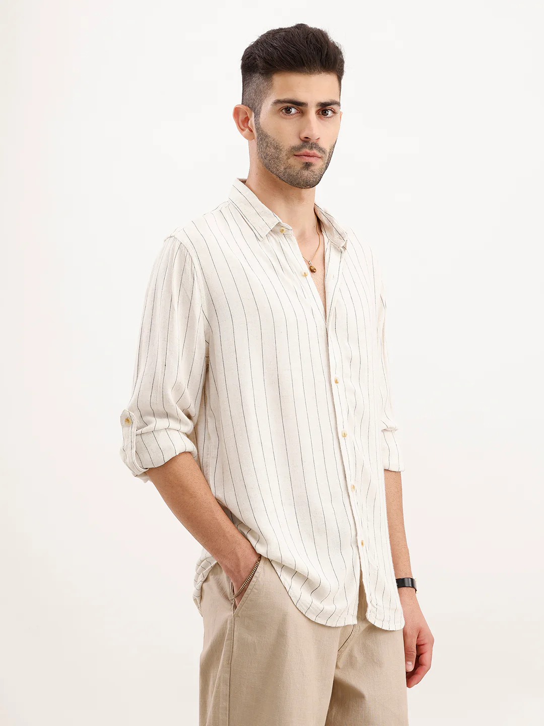 Slim Fit Striped Full Sleeved Shirt | Beige - Image 4