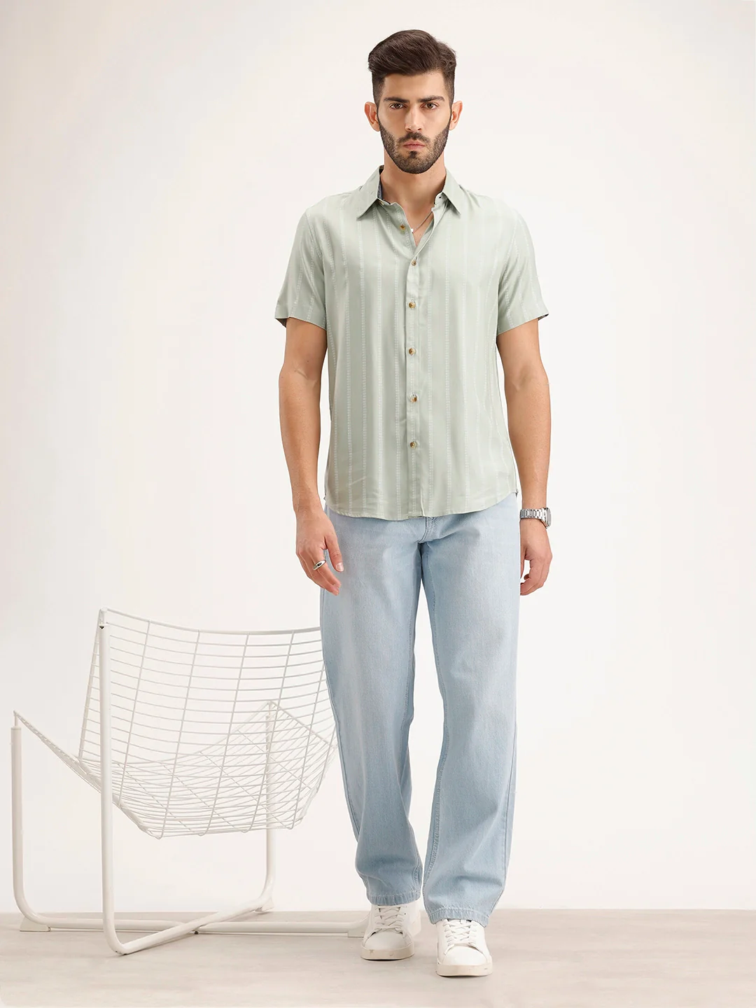 Slim Fit Striped Half Sleeve Shirt | Green - Image 2