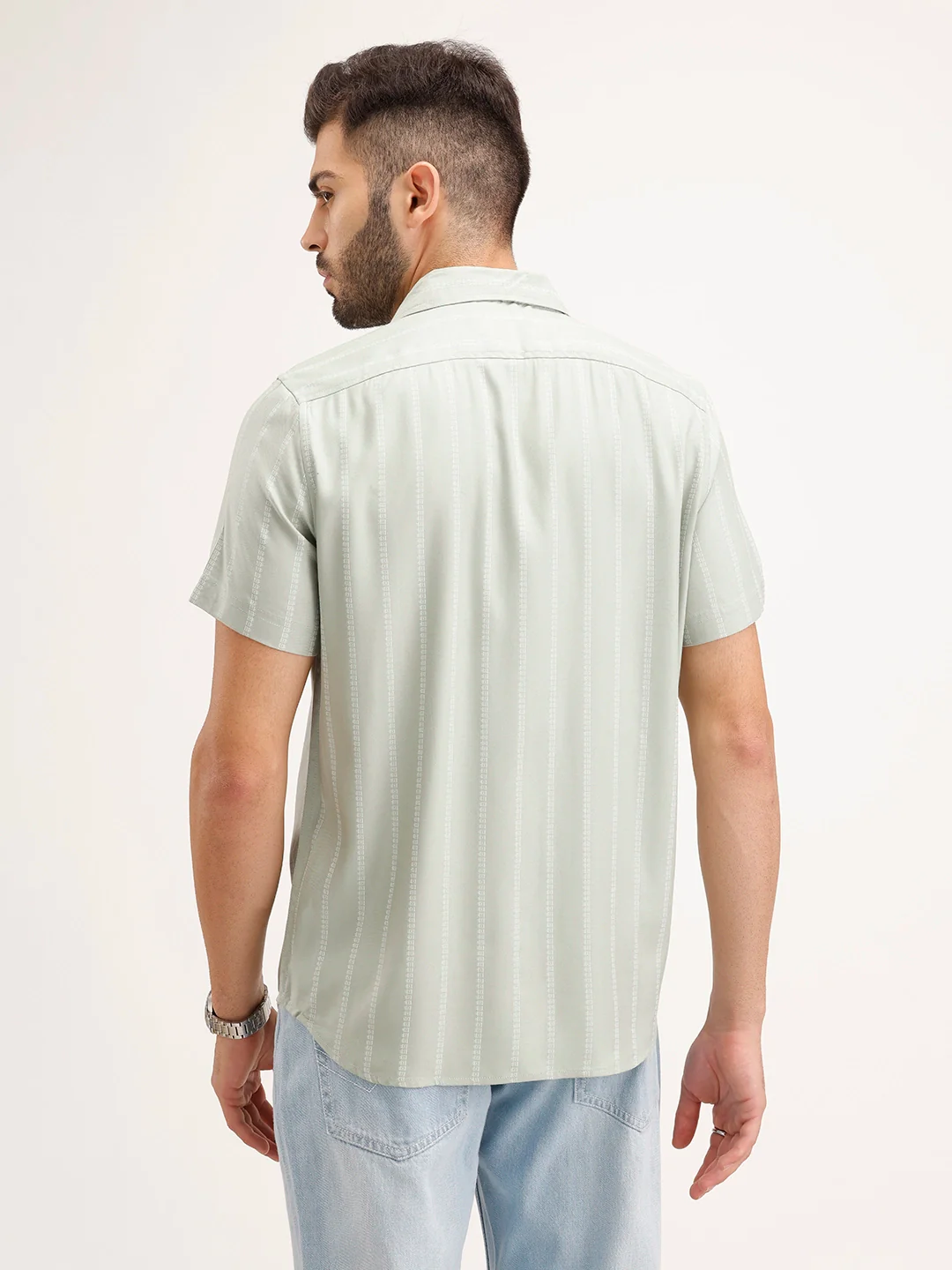 Slim Fit Striped Half Sleeve Shirt | Green - Image 3