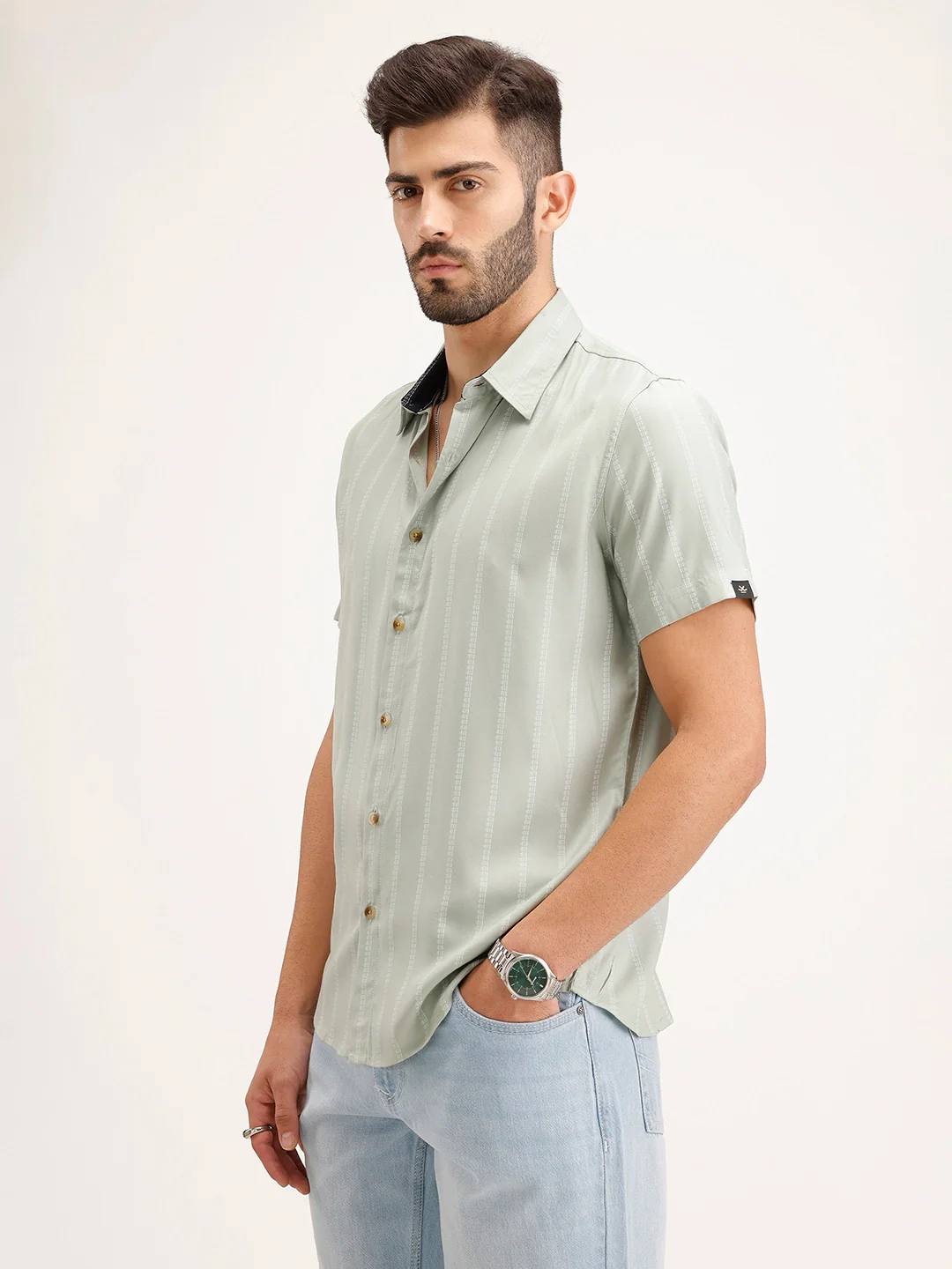 Slim Fit Striped Half Sleeve Shirt | Green - Image 4
